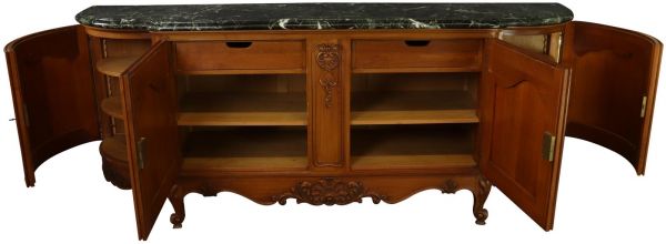 Sideboard Louis XV Rococo Vintage 1950 Green Marble Top Walnut Wood French