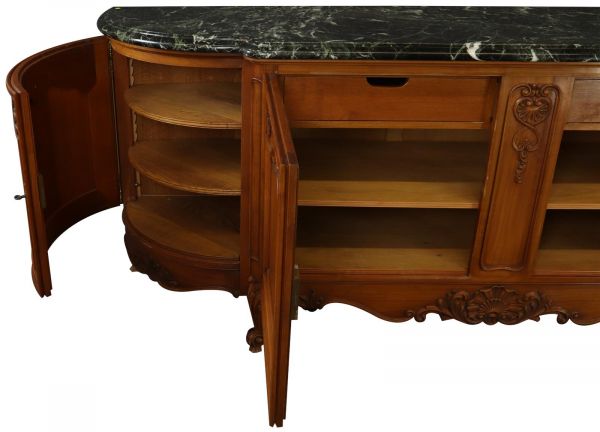 Sideboard Louis XV Rococo Vintage 1950 Green Marble Top Walnut Wood French