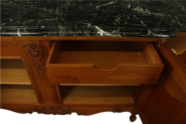 Sideboard Louis XV Rococo Vintage 1950 Green Marble Top Walnut Wood French