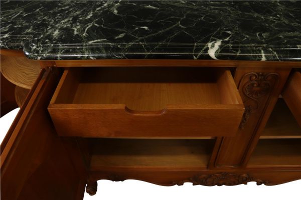 Sideboard Louis XV Rococo Vintage 1950 Green Marble Top Walnut Wood French