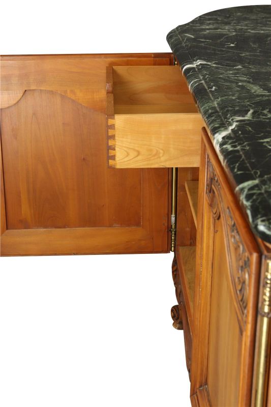 Sideboard Louis XV Rococo Vintage 1950 Green Marble Top Walnut Wood French