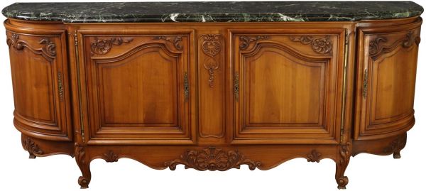 Sideboard Louis XV Rococo Vintage 1950 Green Marble Top Walnut Wood French