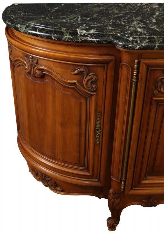 Sideboard Louis XV Rococo Vintage 1950 Green Marble Top Walnut Wood French
