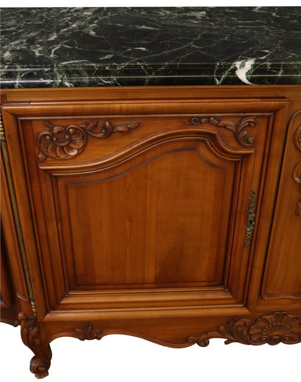Sideboard Louis XV Rococo Vintage 1950 Green Marble Top Walnut Wood French