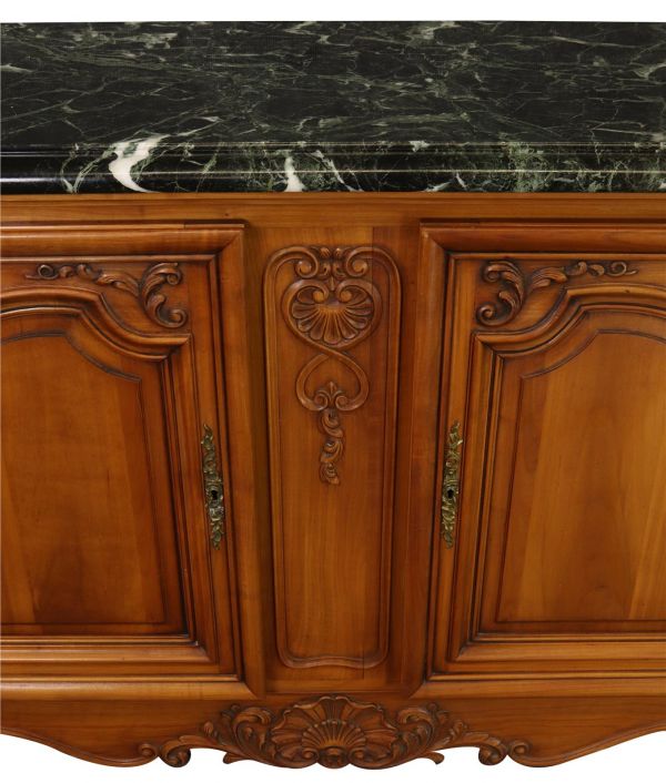 Sideboard Louis XV Rococo Vintage 1950 Green Marble Top Walnut Wood French
