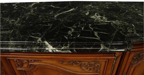 Sideboard Louis XV Rococo Vintage 1950 Green Marble Top Walnut Wood French