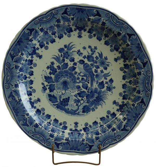 Vintage Plate Zenith Blue Delft Flowers Bird Branch Floral White Black Brass