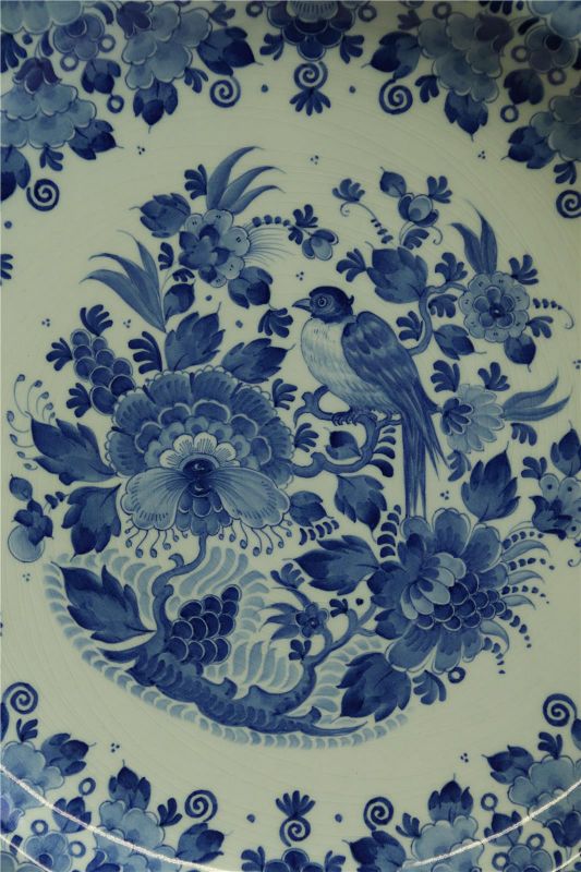 Vintage Plate Zenith Blue Delft Flowers Bird Branch Floral White Black Brass