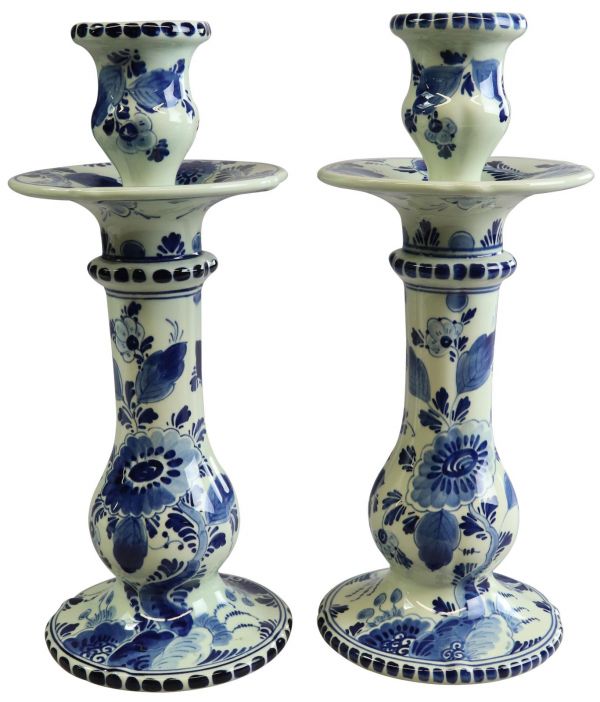 Candlesticks Candlestick Regina Blue Delft Flowers Floral White Black Pai 22-133