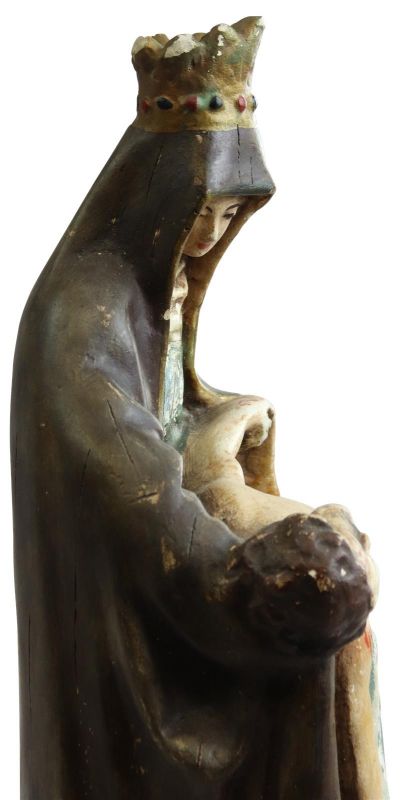 Sculpture Statue Religious Our Lady of Lede Madonna Antique Glass Chalkware Wood