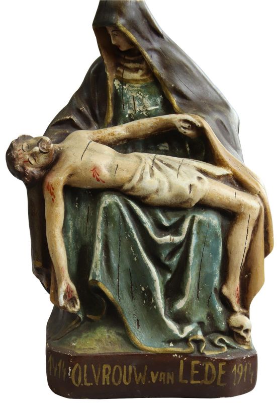 Sculpture Statue Religious Our Lady of Lede Madonna Antique Glass Chalkware Wood