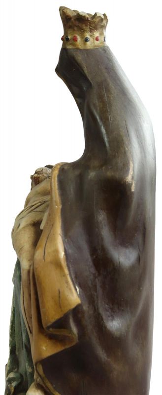 Sculpture Statue Religious Our Lady of Lede Madonna Antique Glass Chalkware Wood