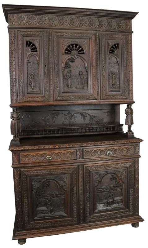 Antique Brittany Buffet French 1900 Chestnut Carved Figures Ship Wheels 5-Door