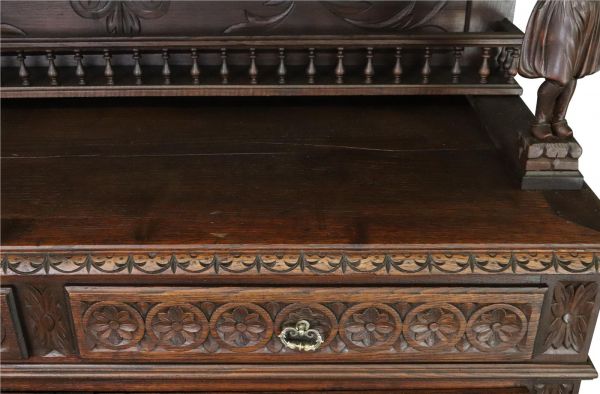 Antique Brittany Buffet French 1900 Chestnut Carved Figures Ship Wheels 5-Door