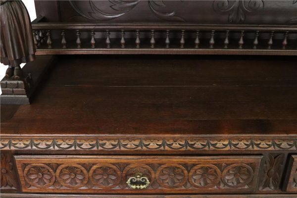 Antique Brittany Buffet French 1900 Chestnut Carved Figures Ship Wheels 5-Door
