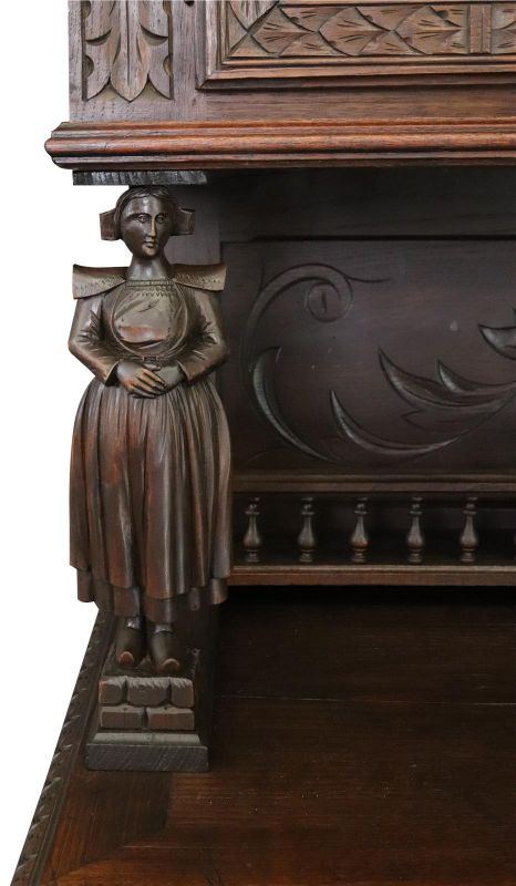 Antique Brittany Buffet French 1900 Chestnut Carved Figures Ship Wheels 5-Door