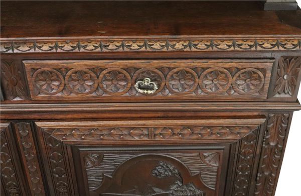 Antique Brittany Buffet French 1900 Chestnut Carved Figures Ship Wheels 5-Door