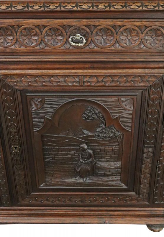 Antique Brittany Buffet French 1900 Chestnut Carved Figures Ship Wheels 5-Door