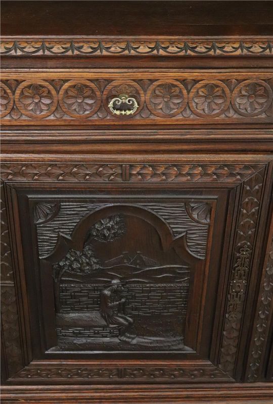 Antique Brittany Buffet French 1900 Chestnut Carved Figures Ship Wheels 5-Door