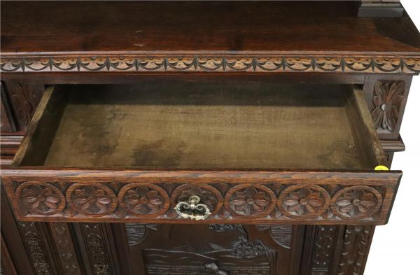 Antique Brittany Buffet French 1900 Chestnut Carved Figures Ship Wheels 5-Door