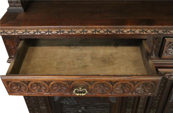 Antique Brittany Buffet French 1900 Chestnut Carved Figures Ship Wheels 5-Door