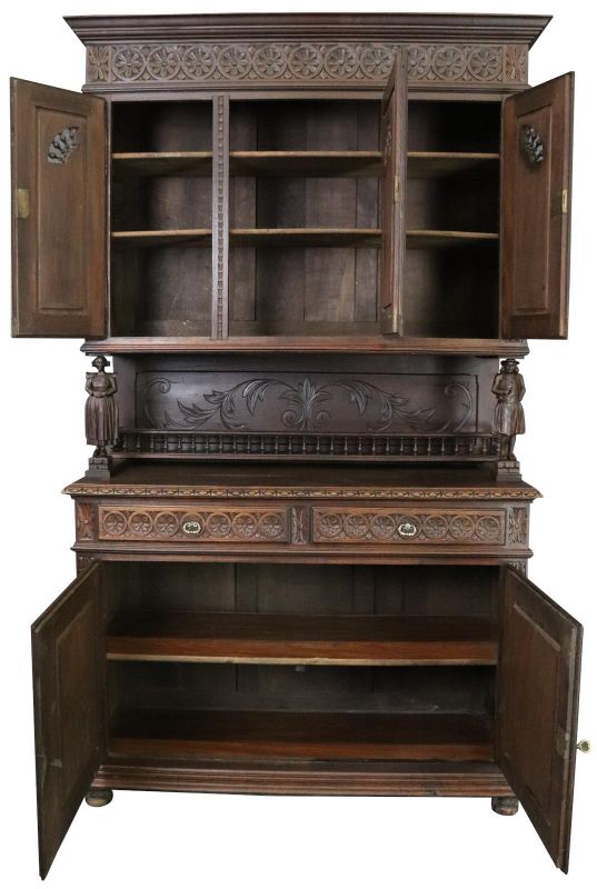 Antique Brittany Buffet French 1900 Chestnut Carved Figures Ship Wheels 5-Door