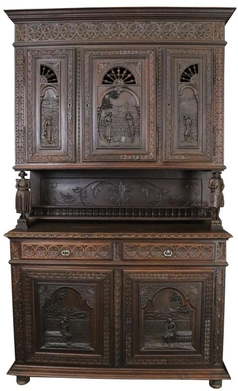 Antique Brittany Buffet French 1900 Chestnut Carved Figures Ship Wheels 5-Door