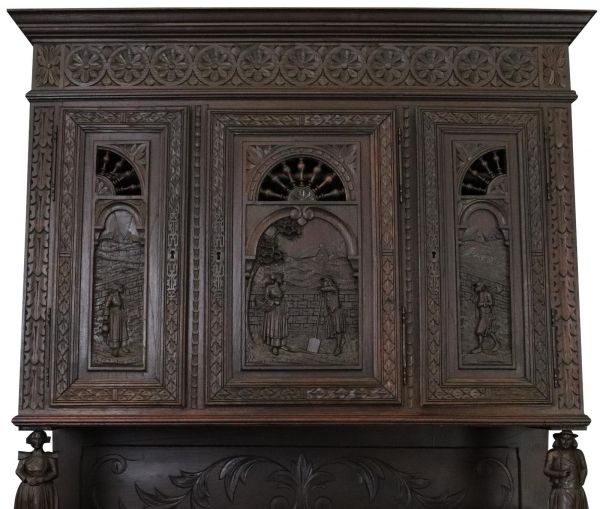 Antique Brittany Buffet French 1900 Chestnut Carved Figures Ship Wheels 5-Door