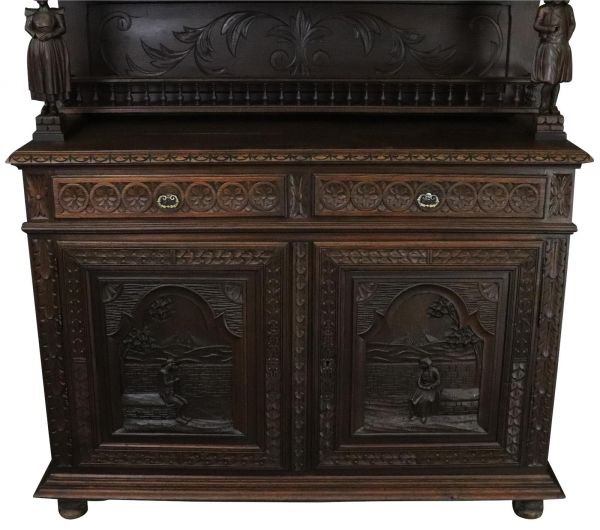 Antique Brittany Buffet French 1900 Chestnut Carved Figures Ship Wheels 5-Door