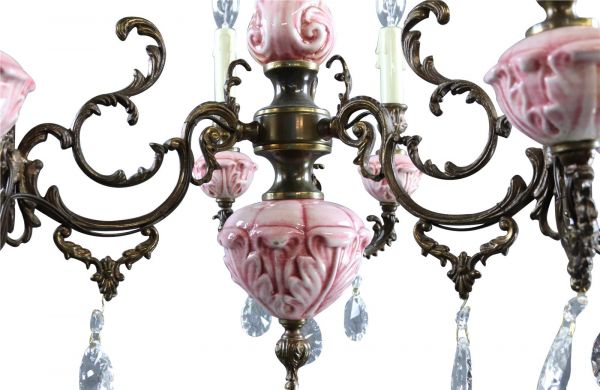 Vintage French Chandelier Pink Ceramic, Sparkling Drops, Very Pretty