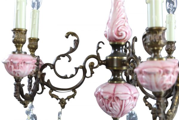 Vintage French Chandelier Pink Ceramic, Sparkling Drops, Very Pretty