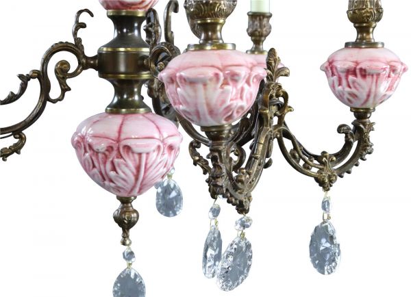 Vintage French Chandelier Pink Ceramic, Sparkling Drops, Very Pretty