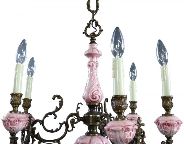 Vintage French Chandelier Pink Ceramic, Sparkling Drops, Very Pretty
