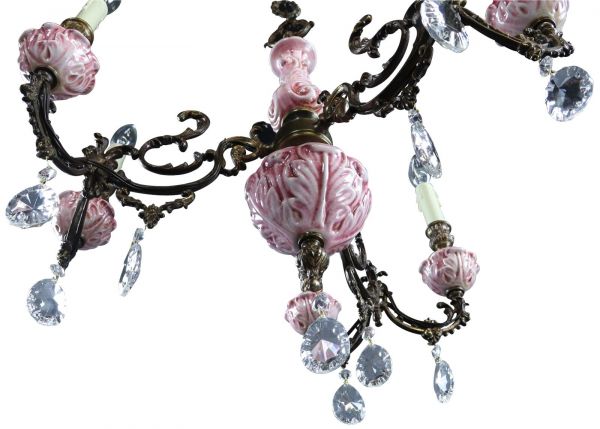 Vintage French Chandelier Pink Ceramic, Sparkling Drops, Very Pretty