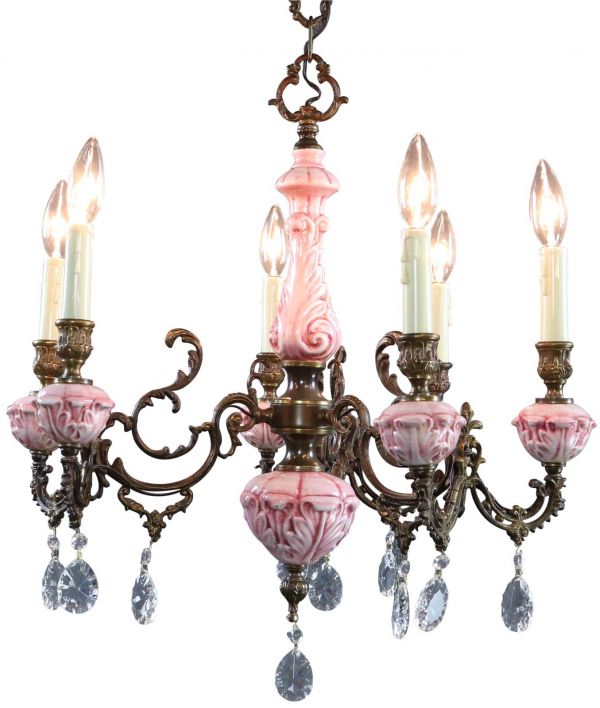 Vintage French Chandelier Pink Ceramic, Sparkling Drops, Very Pretty