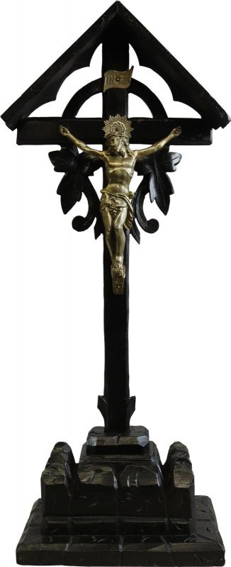 Antique Crucifix Religious Carved Oak Leaves Large Black Wood Metal