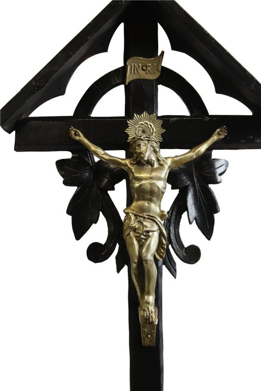 Antique Crucifix Religious Carved Oak Leaves Large Black Wood Metal