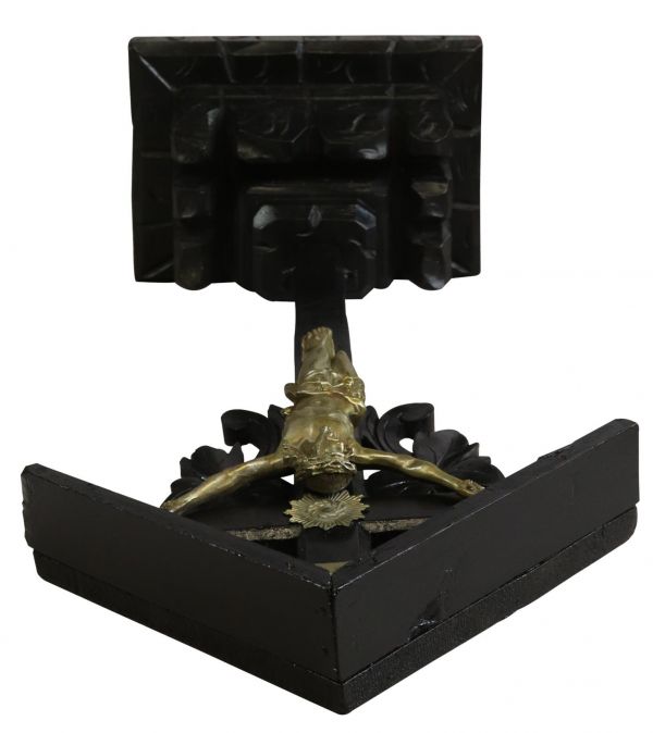 Antique Crucifix Religious Carved Oak Leaves Large Black Wood Metal