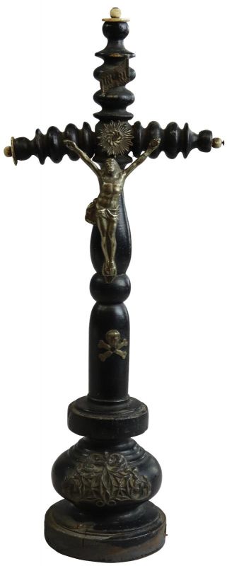Crucifix Religious Skull Crossbones Jesus Black Wood Silver Metal Standing Cross