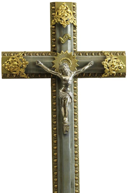 Antique Crucifix Cross Religious Rococo Styling Jesus Gold Black Metal Brass