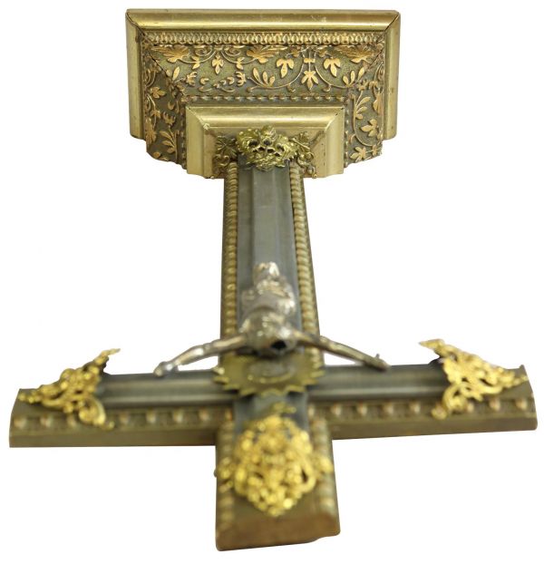 Antique Crucifix Cross Religious Rococo Styling Jesus Gold Black Metal Brass