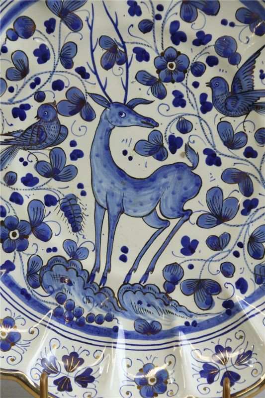 Plate Ars Deruta Majolica Birds Deer Blue White Black Ceramic 1950 Hand-P 22-176