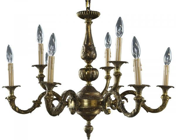 Vintage Chandelier Rococo French 9-Light 6-Arm Antique Brass Metal 1950