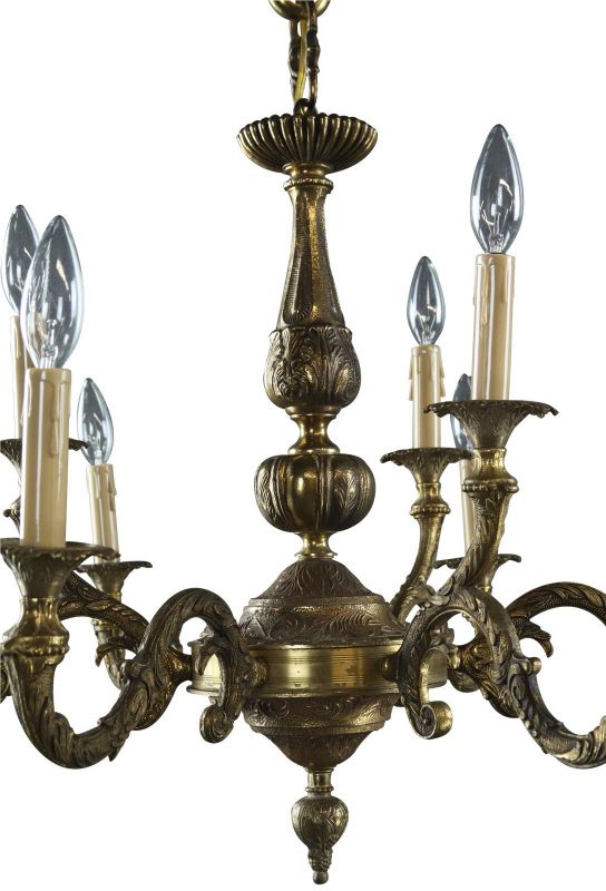 Vintage Chandelier Rococo French 9-Light 6-Arm Antique Brass Metal 1950