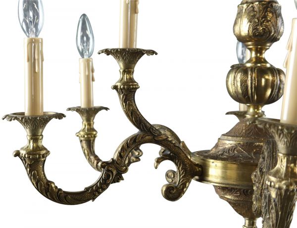 Vintage Chandelier Rococo French 9-Light 6-Arm Antique Brass Metal 1950