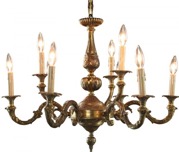 Vintage Chandelier Rococo French 9-Light 6-Arm Antique Brass Metal 1950