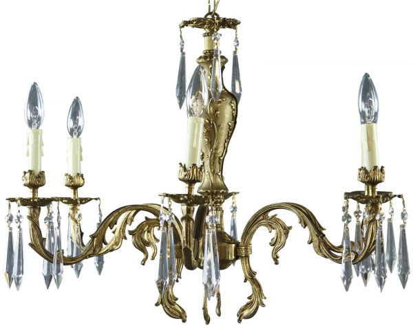 Chandelier French 1950 Vintage 5-Arms 5-Lights Gilded Metal Glass Pendants