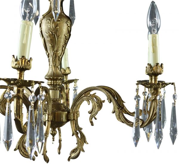 Chandelier French 1950 Vintage 5-Arms 5-Lights Gilded Metal Glass Pendants