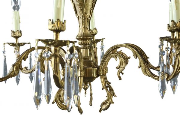 Chandelier French 1950 Vintage 5-Arms 5-Lights Gilded Metal Glass Pendants