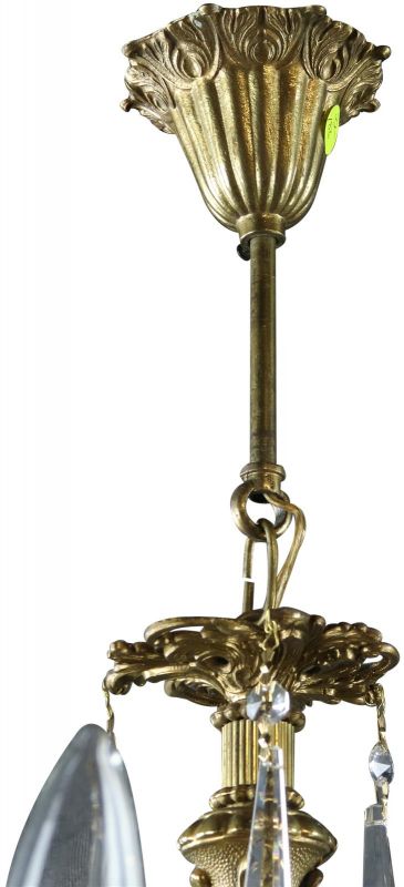 Chandelier French 1950 Vintage 5-Arms 5-Lights Gilded Metal Glass Pendants